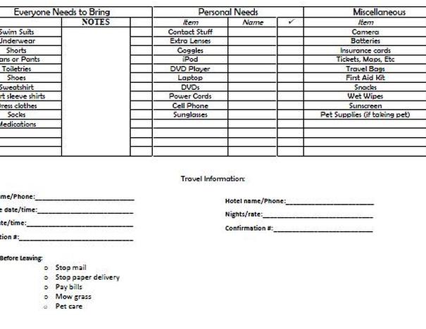 контрольный список для планирования отпуска для печати